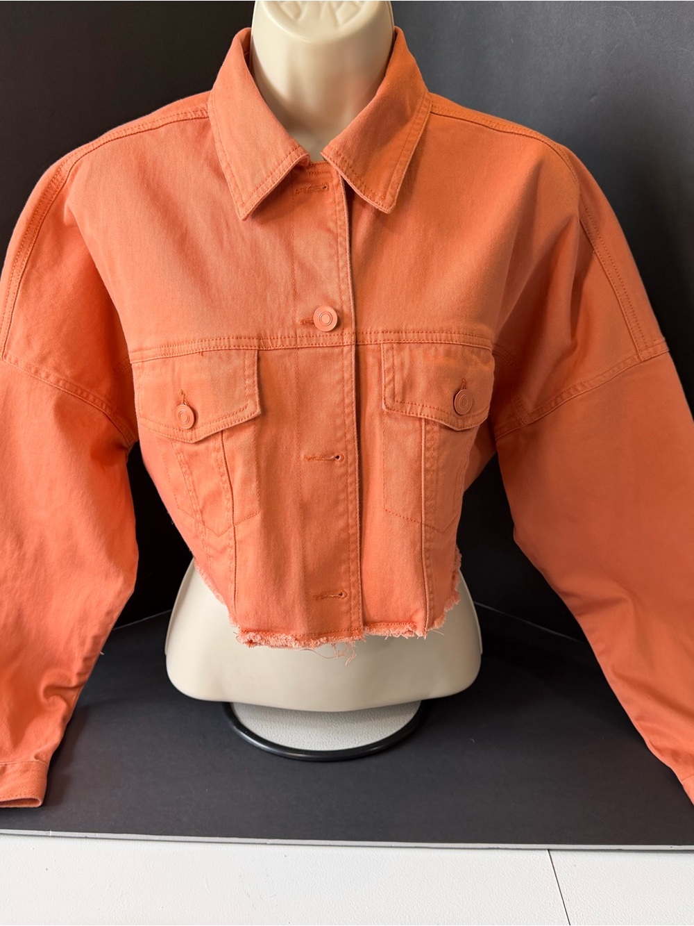 Shinestar Cropped Coral-Orange Denim Jacket